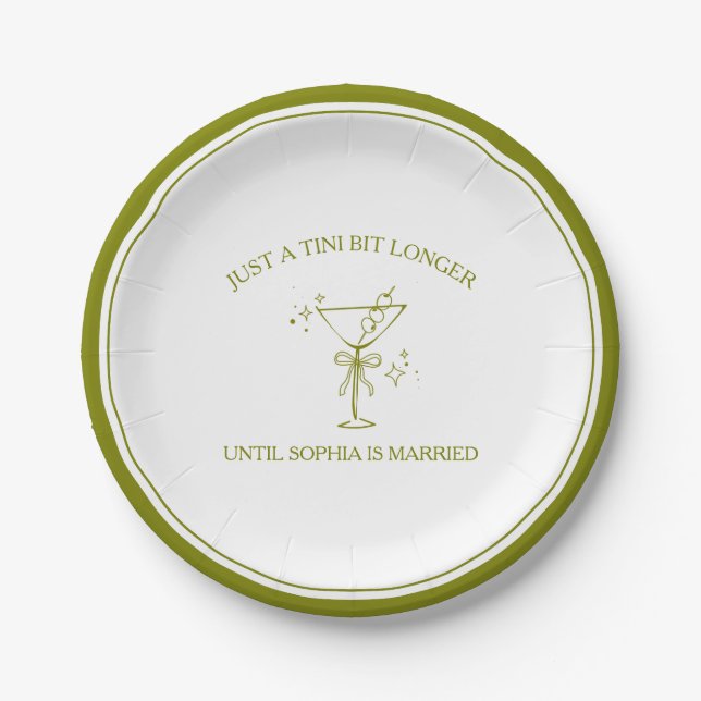 "Tini Bit Longer" Dirty Martini Olive Bachelorette Paper Plate (Front)