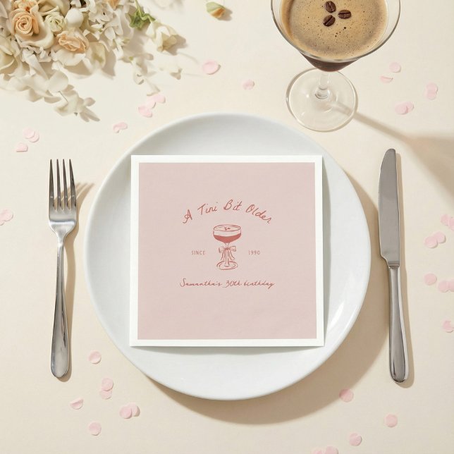 Tini Bit Older Espresso Martini Scribble Birthday Napkin (a tini bit older pink and red paper napkin with hand-drawn espresso martini)