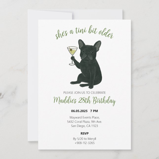 Tini Bit Older Frenchie Martini Birthday Invitation (Front)