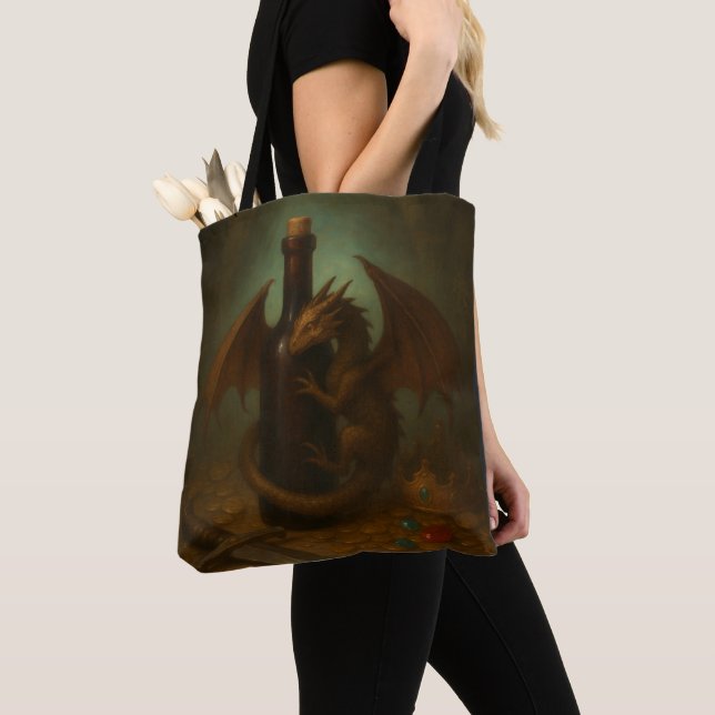 Tini dragon hugging a wine bottle fantasy art tote bag (Close Up)