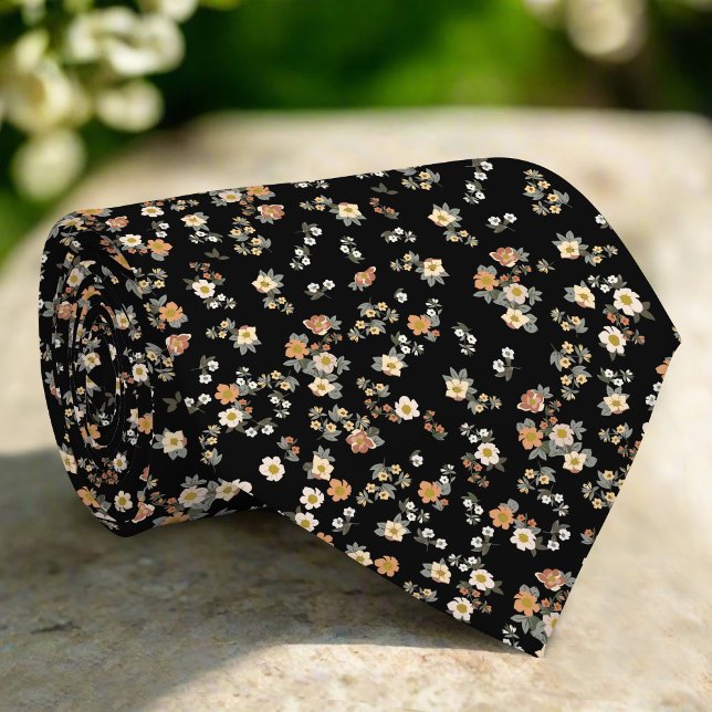 Tinny Flowers & Leaves On Black Background Wedding Tie (Creator Uploaded)