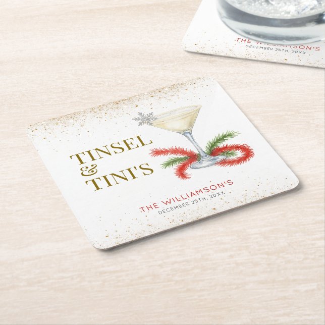 Tinsel and Tinis Christmas Holiday Party Square Paper Coaster (Angled)
