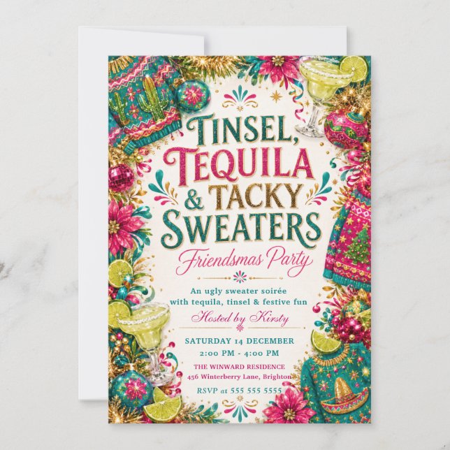 Tinsel Tequila Tacky Sweaters Friendsmas Party Invitation (Front)