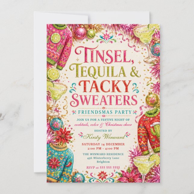 Tinsel Tequila Tacky Sweaters Friendsmas Party Invitation (Front)