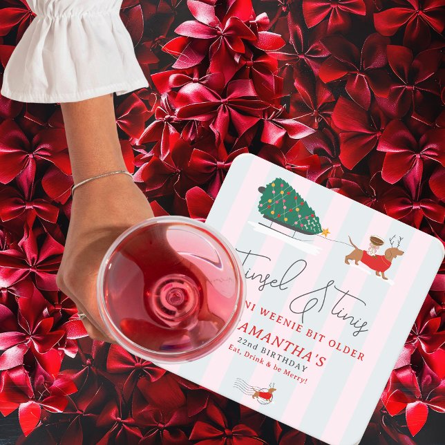 Tinsel & Tinis Tini Weenie Bit Older Xmas Doxie Square Paper Coaster (Tinsel & Tinis Tini Weenie Bit Older Christmas Cocktails Birthday Party Coasters)