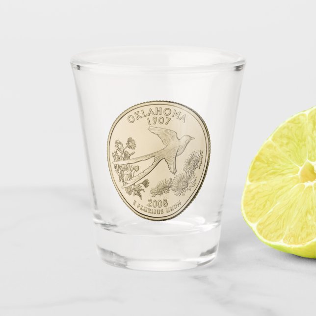 Tinted Oklahoma State Quarter Design  Shot Glass (Front)