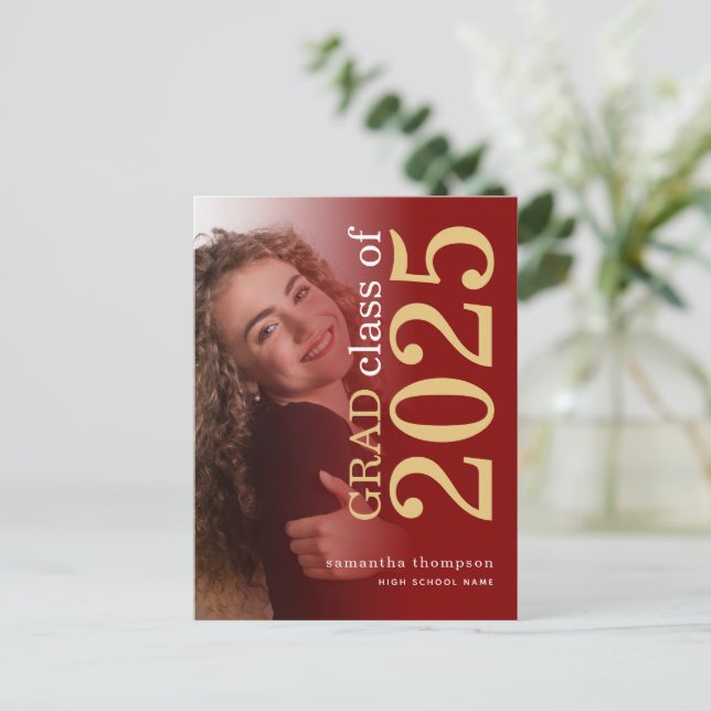 Tinted Photo Maroon Gold 2025 Graduation Announcement Postcard (Standing Front)