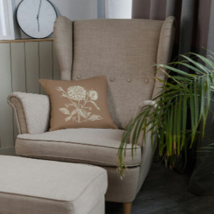 Tinted Vintage Zinnia Illustration Brown Cushion