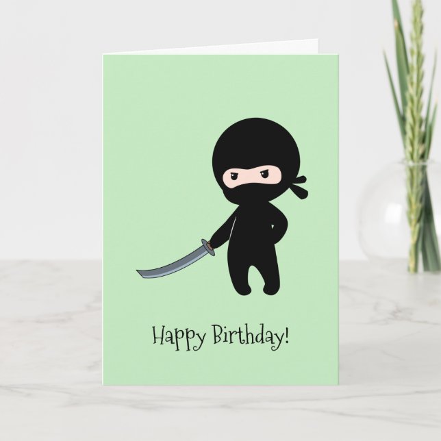 Tiny Angry Ninja on Green Birthday Card (Front)