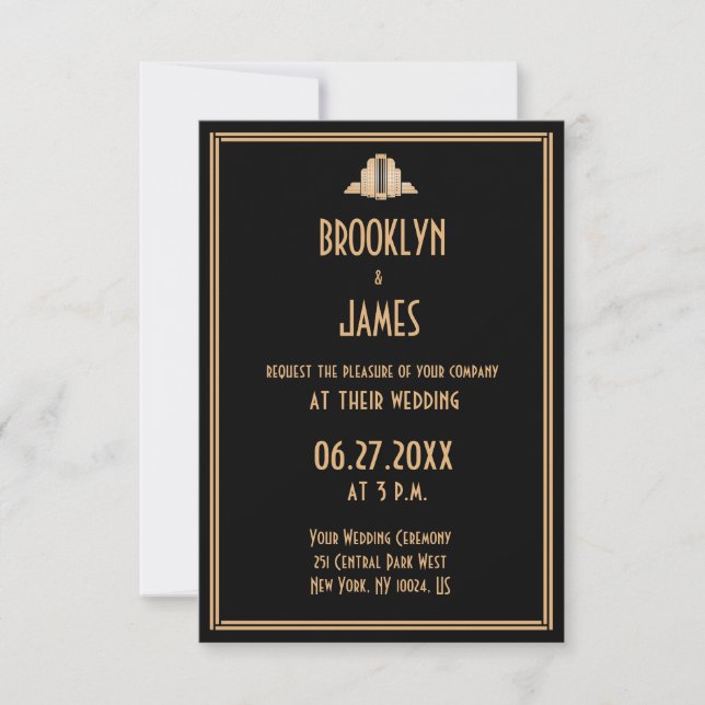 Tiny Art Deco Black Great Gatsby Wedding Invites (Front)