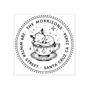 Tiny Baby Fox Asleep in Tea Cup Return Address Rubber Stamp