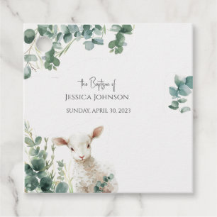 Tiny Baby Lamb and Eucalyptus baptism Favour Tags