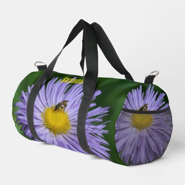 Tiny Bee On Purple Aster Flower Personalised  Duffle Bag (Right Corner)