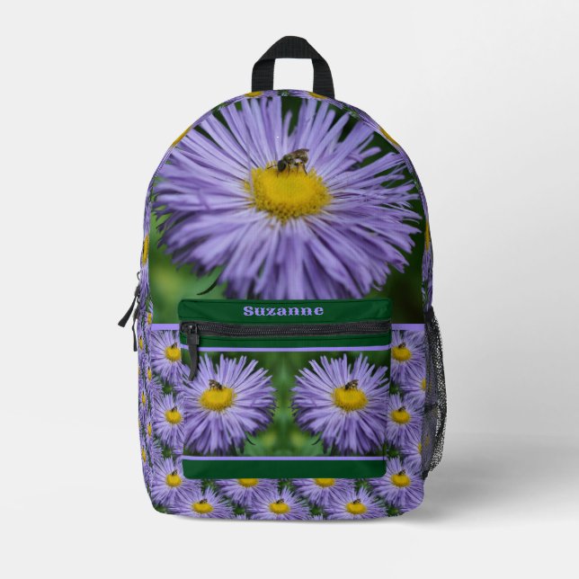 Tiny Bee On Purple Aster Flower Personalised  Printed Backpack (Front)