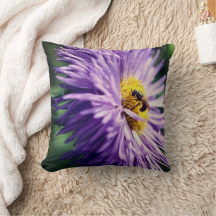 Tiny Bee On Purple Daisy Flower Close Up  Cushion