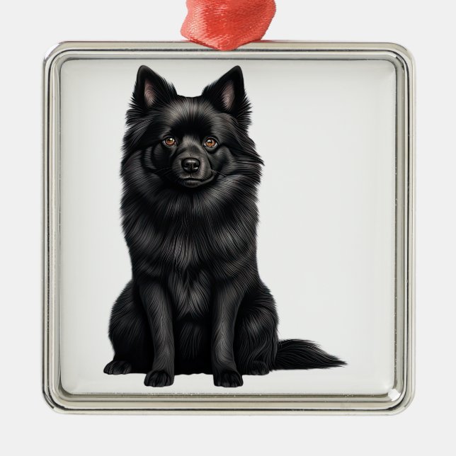 TINY BLACK SCHIPPERKE PUPPY DOG METAL TREE DECORATION (Front)