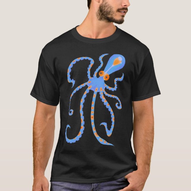 Tiny Blue and Orange Deep Sea Ocean Octopus T-Shirt (Front)
