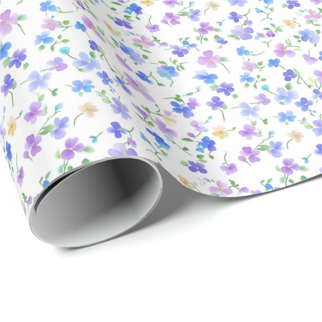 Tiny Blue & Purple Flowers on White Wrapping Paper (Roll Corner)