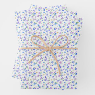 Tiny Blue & Purple Flowers on White Wrapping Paper Sheet