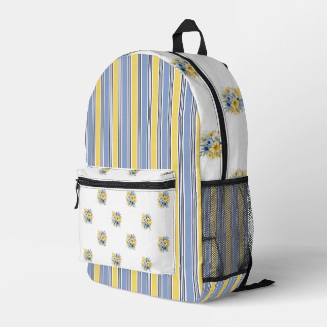 TINY BLUE & YELLOW FLOWERS AND STRIPES PRINTED BACKPACK (Back Corner Right)