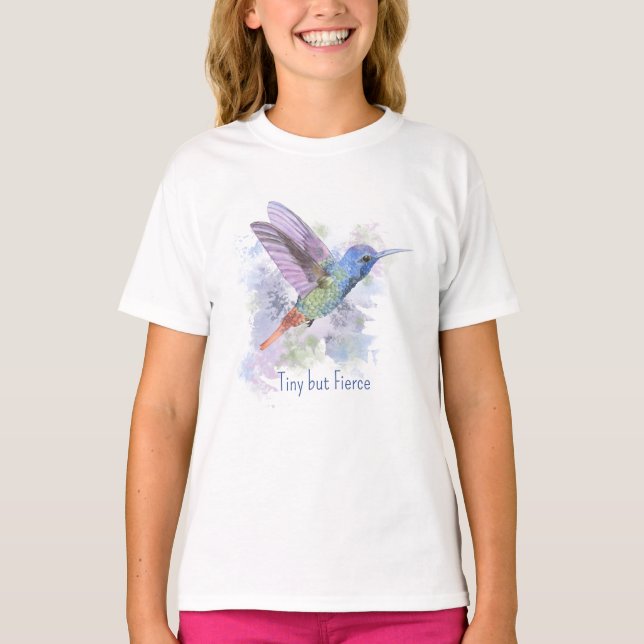 Tiny but Fierce Quote Whimsical Rufous Hummingbird T-Shirt (Front)