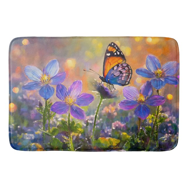 Tiny Butterfly On Wildflowers at Sunrise Bath Mat (Front)