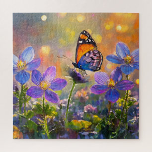Tiny Butterfly On Wildflowers at Sunrise Jigsaw Puzzle
