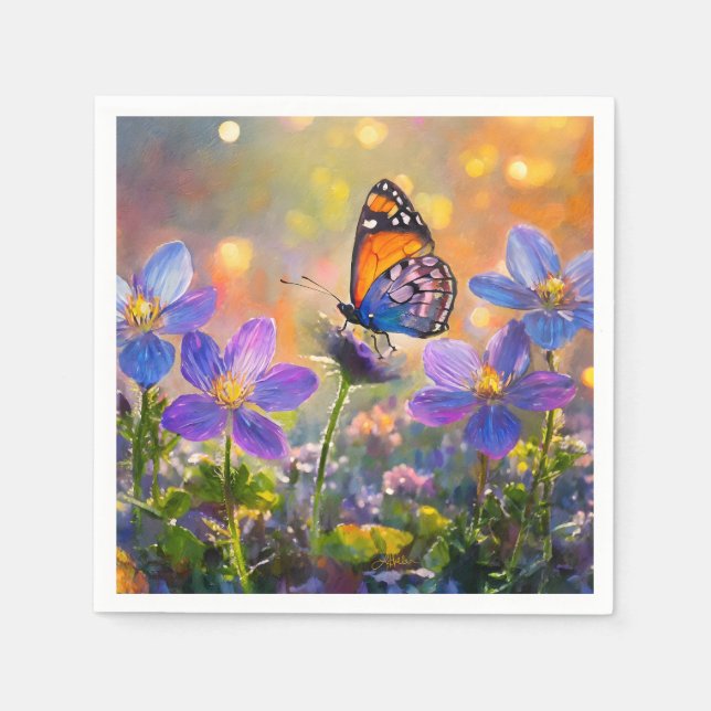 Tiny Butterfly On Wildflowers at Sunrise Napkin (Front)