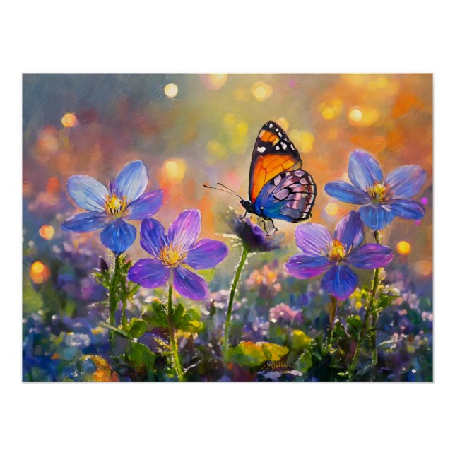 Tiny Butterfly On Wildflowers at Sunrise Poster (Front)