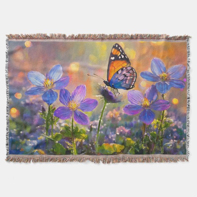 Tiny Butterfly On Wildflowers at Sunrise Throw Blanket (Front)