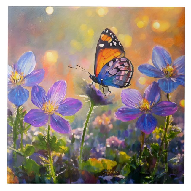 Tiny Butterfly On Wildflowers at Sunrise Tile (Front)