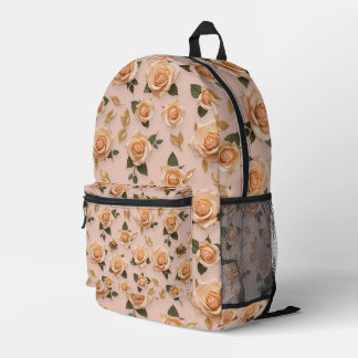Tiny Cream And Gold Roses Printed Backpack