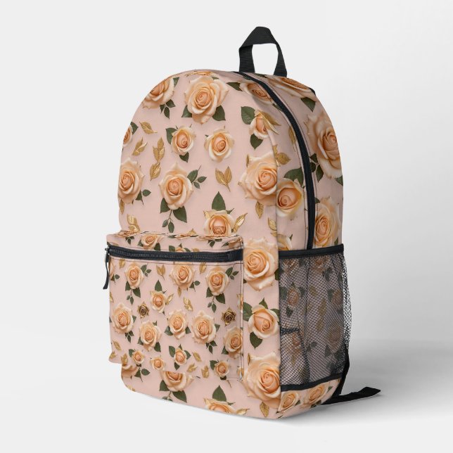 Tiny Cream And Gold Roses  Printed Backpack (Back Corner Right)