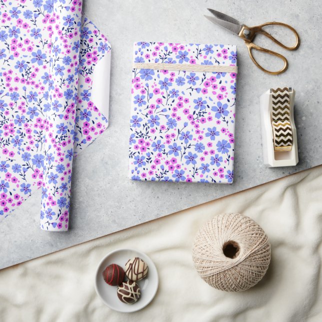 Tiny cute white blue pink floral pattern wrapping paper (Crafts)