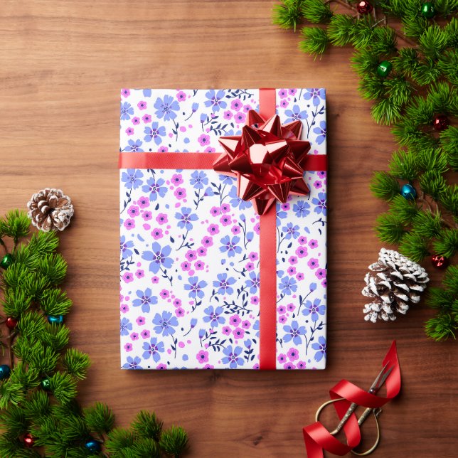 Tiny cute white blue pink floral pattern wrapping paper (Holiday Gift)