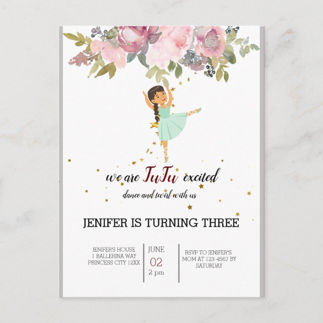 Tiny Dancer | Pink Floral Ballet Birthday Party Invitation Postcard (Front)