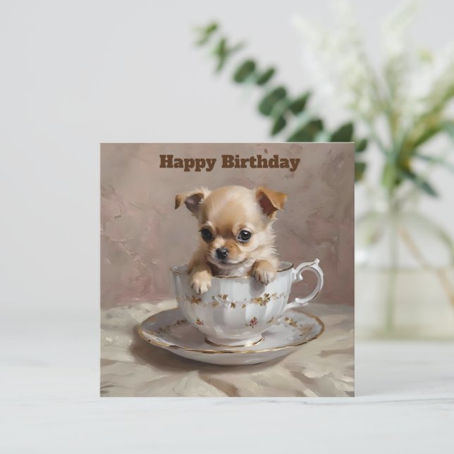 Tiny Delight: Chihuahua Puppy in a Teacup,  Card (Standing Front)