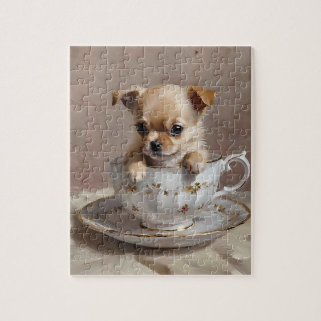 Tiny Delight: Chihuahua Puppy in a Teacup,  Jigsaw Puzzle (Vertical)