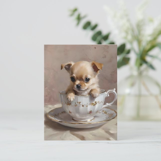 Tiny Delight: Chihuahua Puppy in a Teacup,  Postcard (Standing Front)