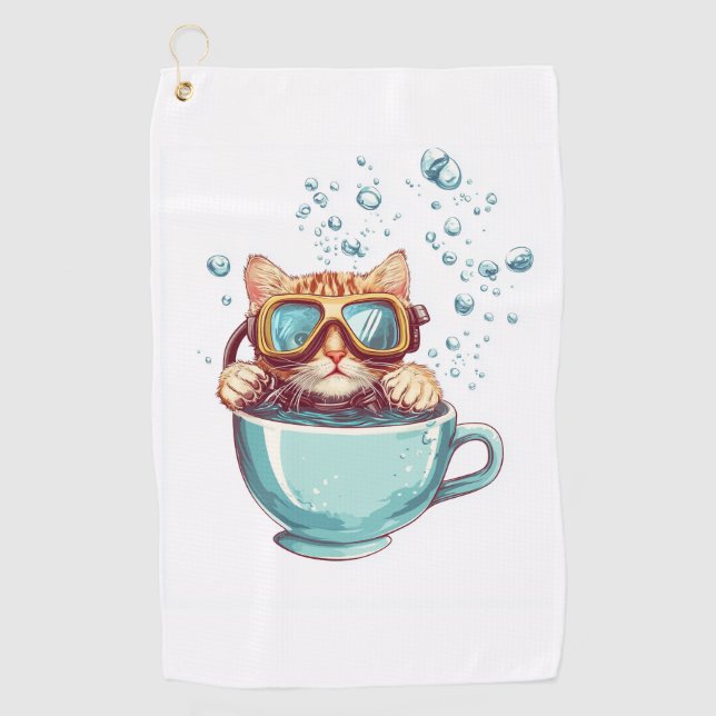 Tiny Diver Cat � Funny Scuba Kitty Tea Lover Golf Towel (Front)