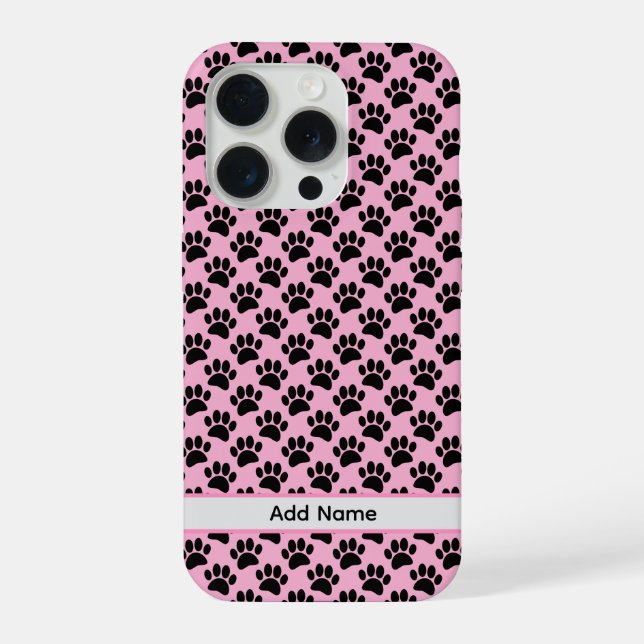 Tiny Dog Paw Print In Black and Pink Custom Name iPhone Case (Back)