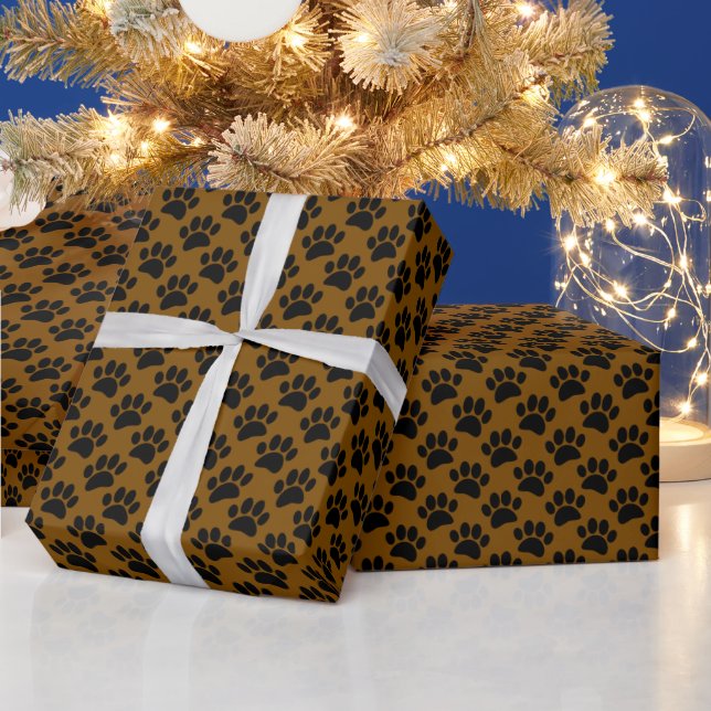 Tiny Dog Paw Print Pattern In Black and Brown Wrapping Paper (Holidays)