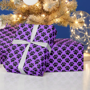 Tiny Dog Paw Print Pattern In Black and Purple Wrapping Paper