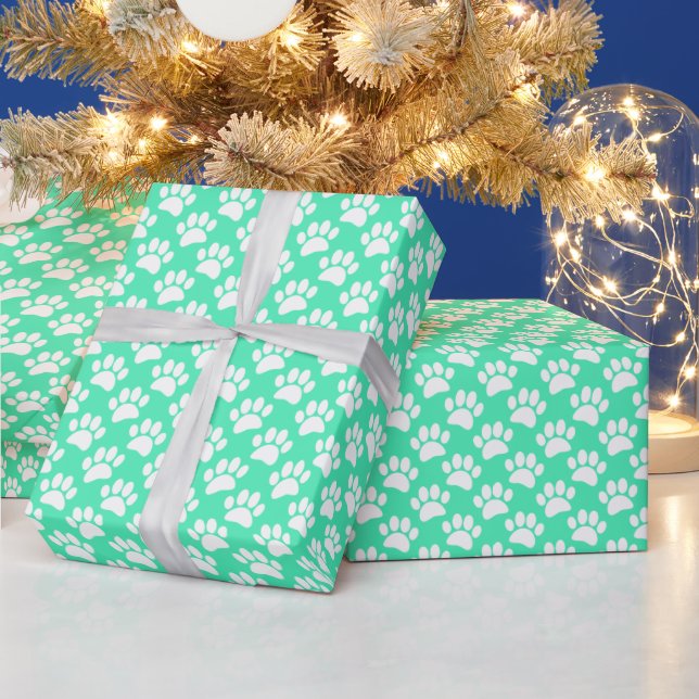 Tiny Dog Paw Print Pattern In White and teal Wrapping Paper (Holidays)