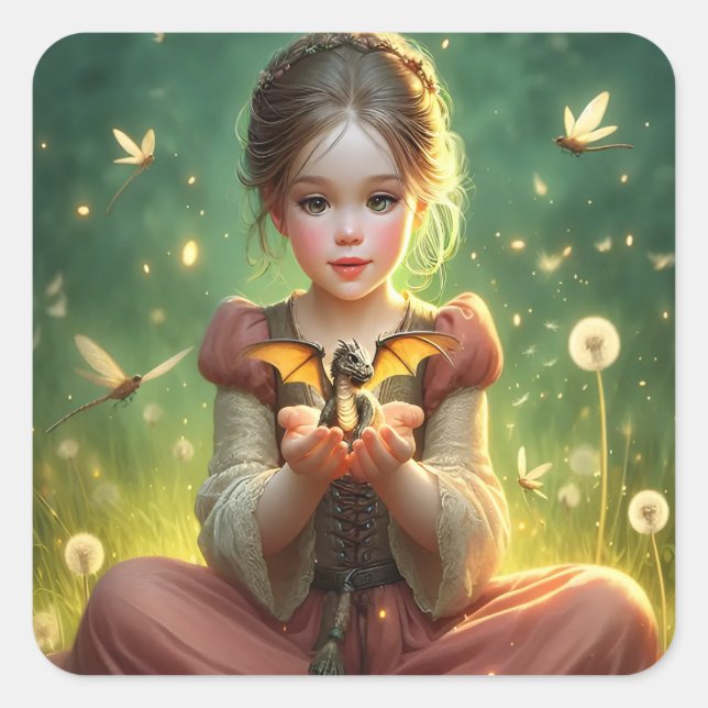 Tiny Dragon Keeper with Butterflies Square Sticker (Front)