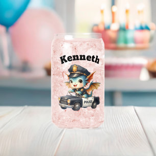 Tiny dragon officer driving a charming police car can glass