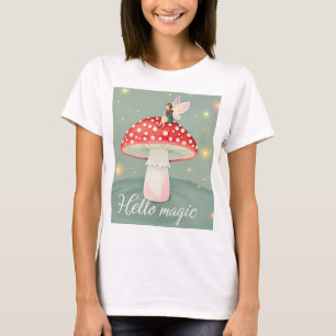 Tiny fairy perched on top of mushroom and glowing