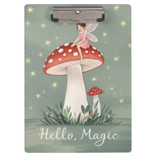 Tiny fairy perched on top of mushroom and glowing  clipboard