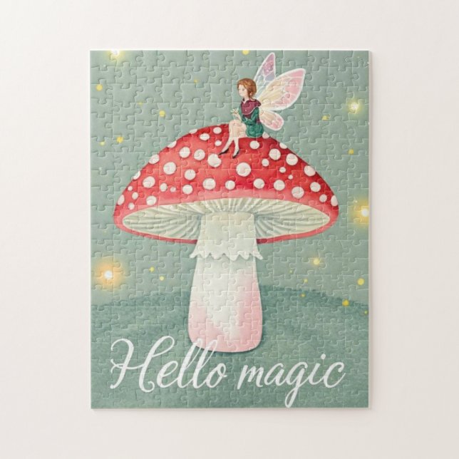 Tiny fairy perched on top of mushroom and glowing  jigsaw puzzle (Vertical)