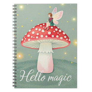 Tiny fairy perched on top of mushroom and glowing notebook
